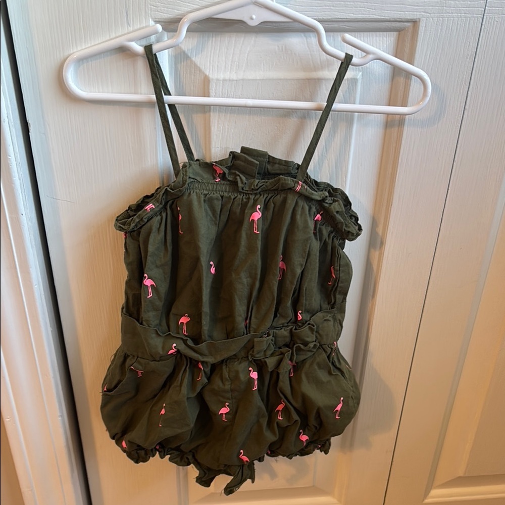 Green Romper with Pink Flamingo Print